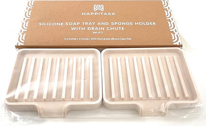 Silicone Soap Dish Tray and Sponge Holder with Drain Chute, Rectangular, Kitchen and Bathroom Sink Organizer (Sand Dollar, 5.2"x4" (Set of 2), 7.2 Ounces)