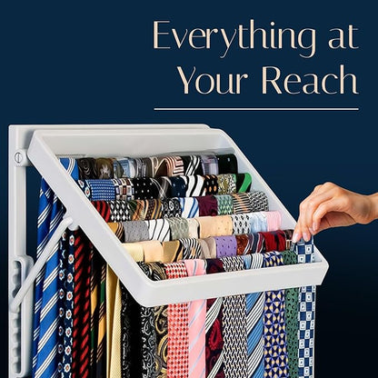 TieMaster Tie Rack and Scarf Organizer, Battery-Free Design, Holds 60 Ties and Scarves with 5 Belt Hooks, Easy Installation, Wall Mounted Tie Organizer, for Men & Women