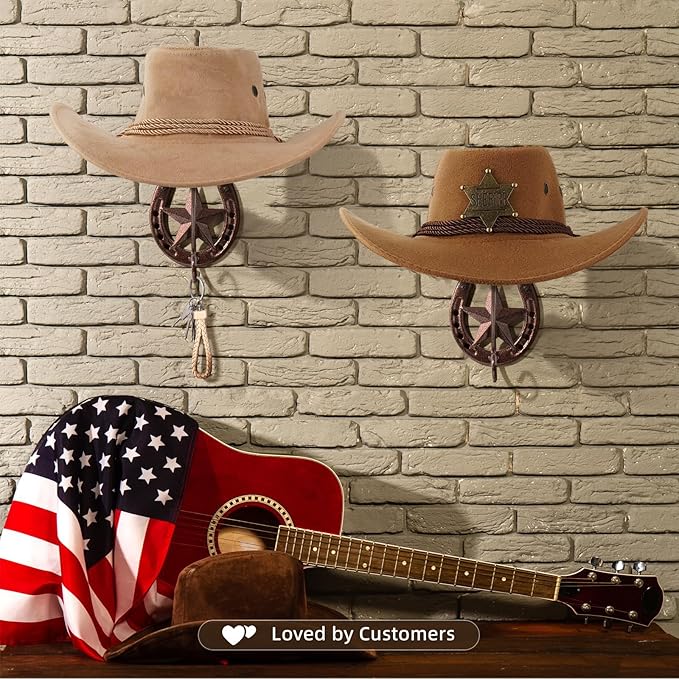 Cowboy Hat Rack for Wall Rustic Metal Cowboy Hat Holder 2 Pack Hat Hanger Western Wall Decor Horseshoe Hooks Storage Display Closet Bedroom Living Room Western Gift Antique Bronze