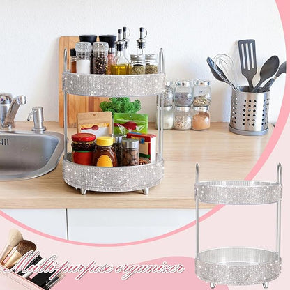 Honeydak 360 Rotating Perfume Organizer for Mother Day Nurse Day Rhinestone Bathroom Counter Organizer Makeup Holder Skincare and Perfume Storage for Cosmetic Countertop(2 Tiers,Resin Stone,White)