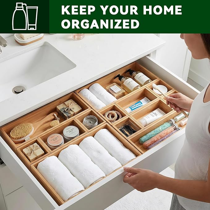 Bamboo Drawer Organizer 14 Pcs for Kitchen Multi-purpose Storage Dividers for Kitchen, Office, Jewelry, Cosmetics, Wooden Drawer Dividers for Drawer Organizer Desk Organizer Gift for Women Gifts Idea