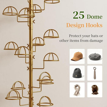 Freestanding Hats Rack Stand with 25 Customizable Circular Hooks Metal Hat Rack Hats Tree Organizer Rack Display Standing Floor Hat Stand for Home Store Commercial, Gold