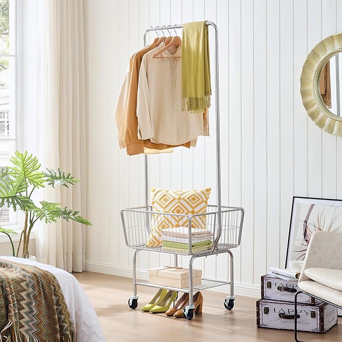 Tajsoon Laundry Cart with Hanging Rack, Metal Rolling Laundry Cart with Wheels and Storage Basket, Silver