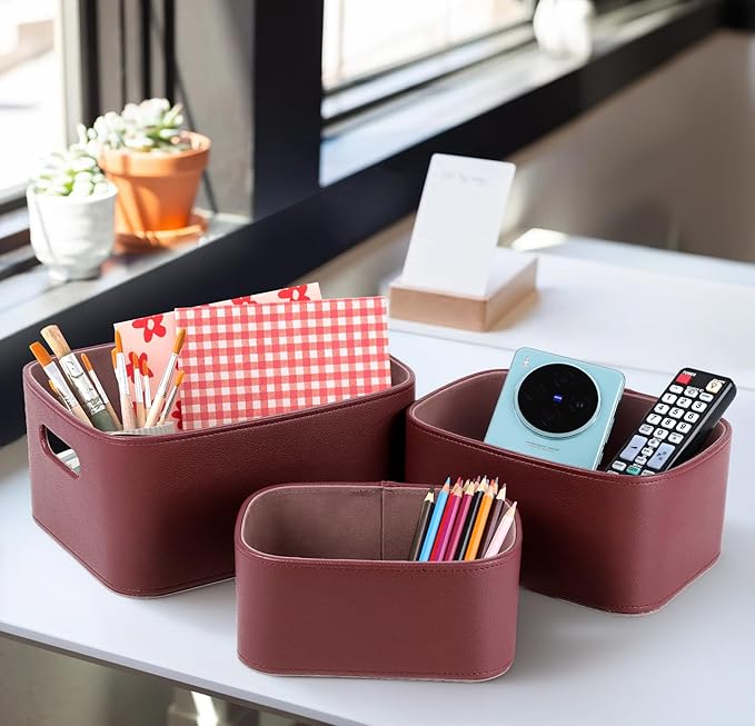 HofferRuffer Faux Leather Storage Baskets Bins with Velvet Lining for Organizing, Storage, Gifts, Set of 3 Nesting Shelf Baskets Decorative Storage Boxes for Home Organization (Dark Red)