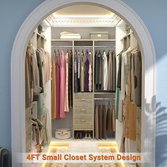 Besiost 4FT Small Closet System with 3 Fabric Drawers, 48'' Closet Organizer System With 3 Adjustable Shelves, Flexible Built-In Clothes Garment Rack for Small Space, 48"L x 13"W x 71"H, White Oak