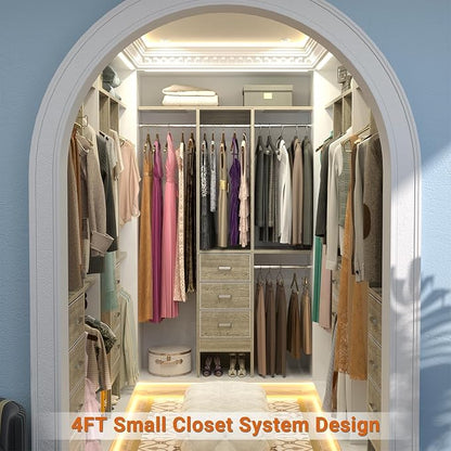 Besiost 4FT Small Closet System with 3 Fabric Drawers, 48'' Closet Organizer System With 3 Adjustable Shelves, Flexible Built-In Clothes Garment Rack for Small Space, 48"L x 13"W x 71"H, White Oak