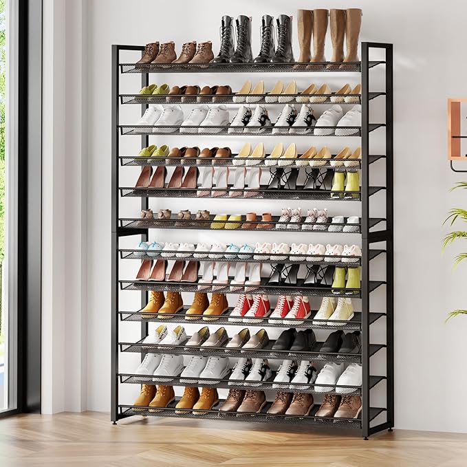 Metal Shoe Rack,Large 12 Tier Shoe Organizer, Heavy Duty Metal 6-Tier Stackable Shoe Storage Vertical Shoe Rack for Closet Front Door Entrance,Entryway,GarageUp to 76 Pairs,Black