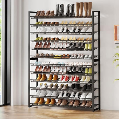 Metal Shoe Rack,Large 12 Tier Shoe Organizer, Heavy Duty Metal 6-Tier Stackable Shoe Storage Vertical Shoe Rack for Closet Front Door Entrance,Entryway,GarageUp to 76 Pairs,Black