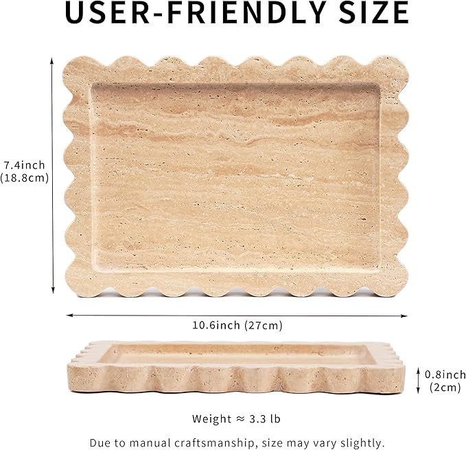 Scalloped Travertine Marble Tray - Large Home Decorative Stone Vanity Perfume Plates for Bathroom Accessories Coffee Table, Dresser Dish for Kitchen Countertop (10.6" x 7.4"x 0.8")