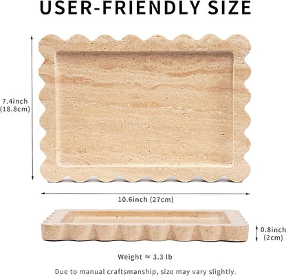 Scalloped Travertine Marble Tray - Large Home Decorative Stone Vanity Perfume Plates for Bathroom Accessories Coffee Table, Dresser Dish for Kitchen Countertop (10.6" x 7.4"x 0.8")