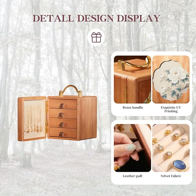 Wooden Jewelry Box for Women Walnut Wooden Jewelry Box with handle 4-Tier Jewelry Organizer for Rings, Necklaces