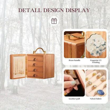 Wooden Jewelry Box for Women Walnut Wooden Jewelry Box with handle 4-Tier Jewelry Organizer for Rings, Necklaces