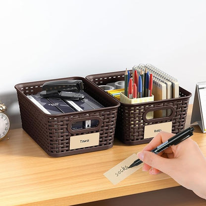 Brown Plastic Storage Baskets - Pack of 8 with Labels Stackable Durable Storage Bins, Storage Containers for Organizing Desktops, Closets, Playrooms, Classrooms, Offices