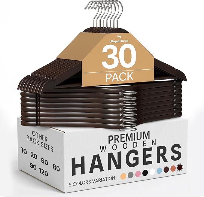 Utopia Home Premium Wooden Hangers 30 Pack - Durable & Slim Coat Hanger - Suit Hangers with 360-Degree Rotatable Hook - Wood Hangers with Shoulder Grooves (Vintage)
