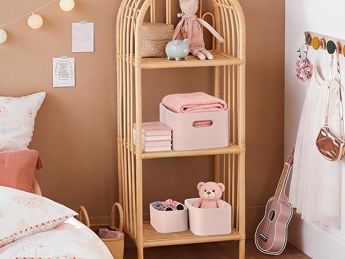 HofferRuffer Faux Leather Storage Baskets Bins with Velvet Lining for Organizing, Storage, Gifts, Set of 3 Nesting Shelf Baskets Decorative Storage Boxes for Home Organization (Pink)