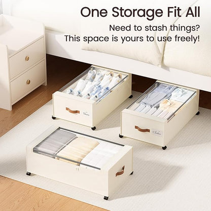 Yecaye 95 L Under Bed Storage with Wheels, 11 in Under Bed Storage Containers, Large Under Bed Shoe Storage with Lids, Rolling Underbed Storage bins for Clothes, Blankets, Beige
