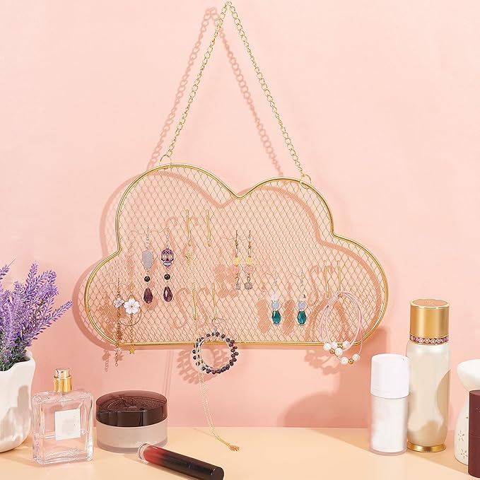 PH PandaHall Wall Jewelry Organizer, Stud Earring Holder Hanging Necklace Bracelet Display Stand with 10 Hooks Decorative Cloud Organizer for Necklaces Bracelets Small Grid for Stud Earring