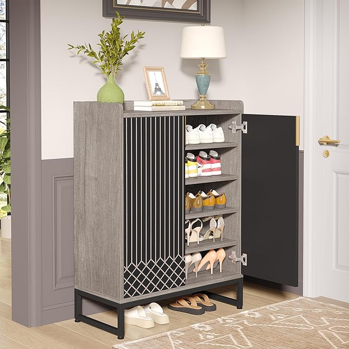 LITTLE TREE Shoe Cabinet for Entryway, 5-Tier Shoe Cabinet with Doors, Modern Shoe Storage Cabinet, Gray Wooden Shoe Cabinets with Black Metal Legs for Living Room, Bedroom