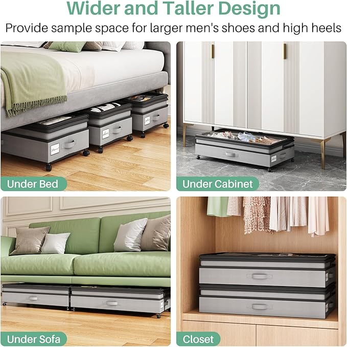 Kitstorack Under Bed Storage with Wheels 2Pack Height-adjustable Under Bed Storage Containers,Under Bed Shoe Storage Organizer with Clear Window&Label, Suitable for Clothes Storage, Gray