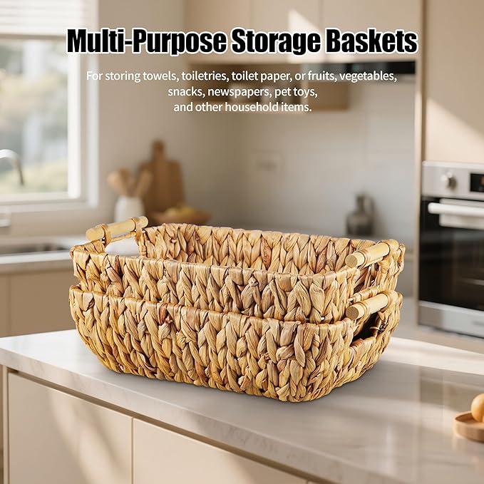 Mowtanco Woven Storage Baskets – Set of 2 Handwoven Water Hyacinth Wicker Baskets with Wooden Handles for Organizing, Decorative Baskets for Laundry Room, Home Decor - 2 Medium