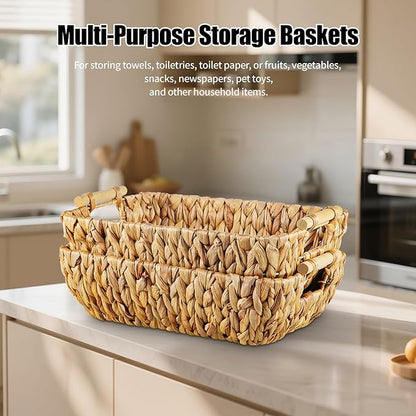 Mowtanco Woven Storage Baskets – Set of 2 Handwoven Water Hyacinth Wicker Baskets with Wooden Handles for Organizing, Decorative Baskets for Laundry Room, Home Decor - 2 Medium
