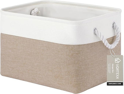 Large Storage Baskets- 15x11x10 inch Storage Bins for Shelves and Closet Organizing, Foldable Fabric Bin for Home Organization Clothes and Laundry (1-Pack, White&Khaki)