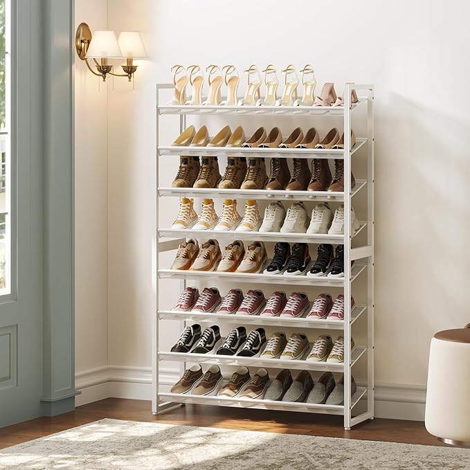 Nunsino Shoe Rack,8 Tier Metal Shoe Organizer,Max Holds 40 Pairs,Heavy Duty Shoes Shelf for Garage, Entryway, Closet,White