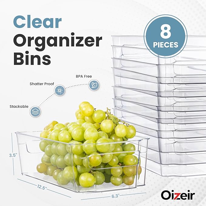 Oizeir 8 Pack Clear Plastic Storage Bins with Handles – Stackable Fridge Organizer Bins for Refrigerator, Freezer, Pantry, Kitchen Cabinet & Cupboard Organization, BPA-Free Acrylic, Transparent
