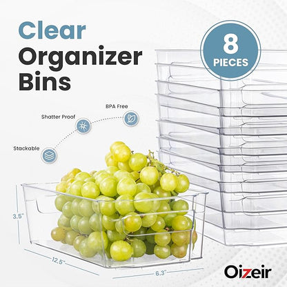 Oizeir 8 Pack Clear Plastic Storage Bins with Handles – Stackable Fridge Organizer Bins for Refrigerator, Freezer, Pantry, Kitchen Cabinet & Cupboard Organization, BPA-Free Acrylic, Transparent