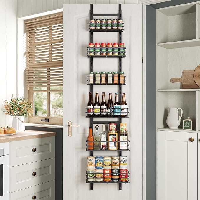 6-Tier Over the Door Pantry Organizer,Cabinet Door Organizer,Kitchen Pantry Door Organizers and Storage,Over the Door Spice Rack,Behind the Door Storage,Door Hanging Organizer,Black