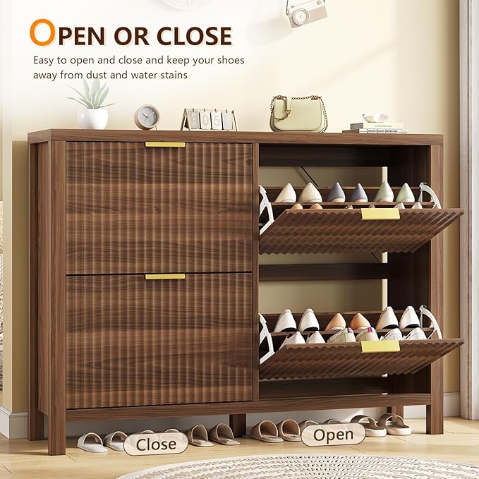 YOMILUVE Shoe Cabinet Storage for Entryway, Fluted Shoe Cabinet with 4 Flip Drawers, Hidden Shoe Rack Freestanding Wooden Shoe Organizer with Legs for Hallway, Walnut