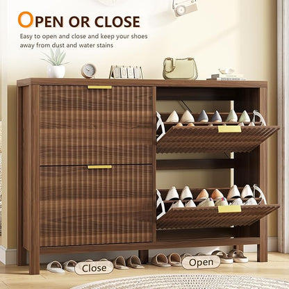 YOMILUVE Shoe Cabinet Storage for Entryway, Fluted Shoe Cabinet with 4 Flip Drawers, Hidden Shoe Rack Freestanding Wooden Shoe Organizer with Legs for Hallway, Walnut