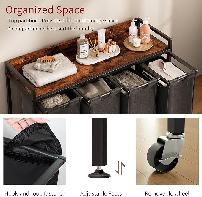 Herture Laundry Hamper with Shelf, Laundry Basket 4 Section, Laundry Sorter with Pull-Out Removable Large Bags and Movable Wheels, Metal Frame, 4 x 15.87 Gallons (60L), Rustic Brown + Black PF07XLY