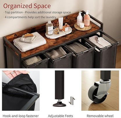 Herture Laundry Hamper with Shelf, Laundry Basket 4 Section, Laundry Sorter with Pull-Out Removable Large Bags and Movable Wheels, Metal Frame, 4 x 15.87 Gallons (60L), Rustic Brown + Black PF07XLY