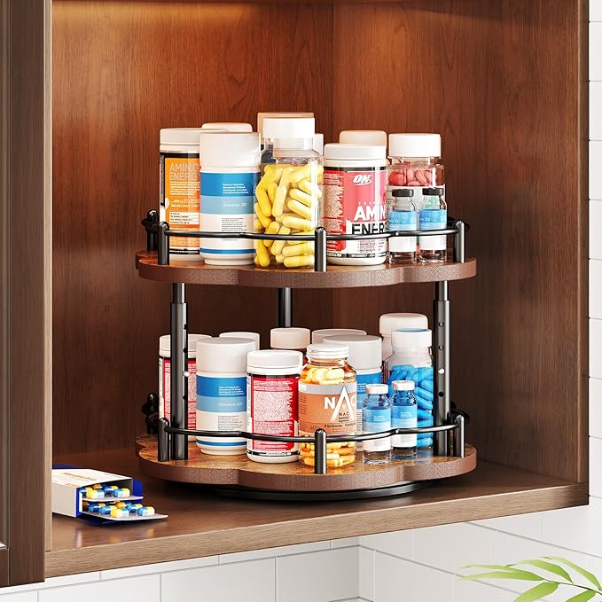 Spice Rack Lazy Susan Organizer for Cabinet, Rotating Spice Organization 2 Tier Adjustable Lazy Susan Turntable Spice Cabinet Organizer for Kitchen Countertop & Pantry, Wood 10 Inch Seasoning Storage