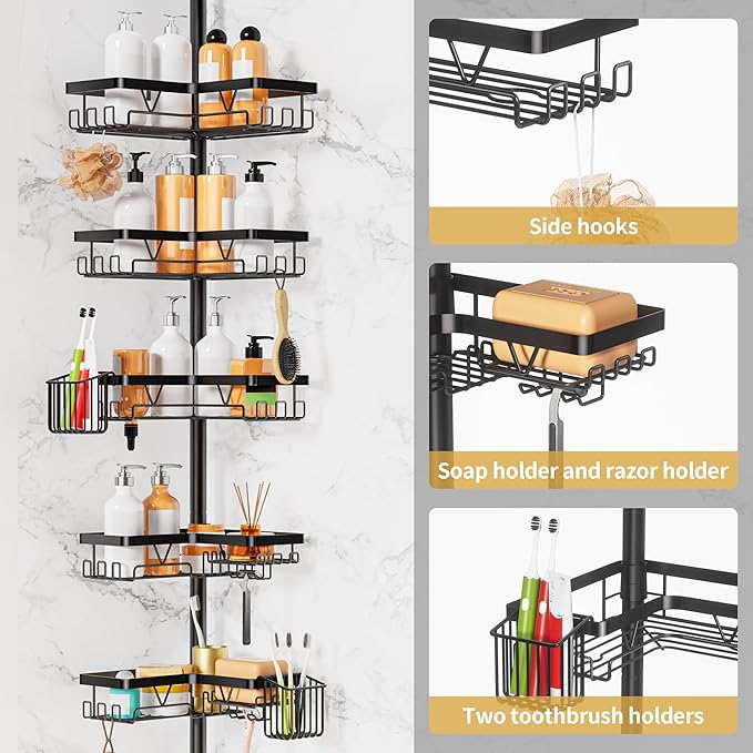 DAOYA Adjustable Tension Pole Shower Caddy, 5-Tier Stainless Steel Shower Shelf Organizer with 2 Movable Toothbrush Holders, 25-115 Inches Extendable Bath Tub Conner Storage Shelf for Family, Black