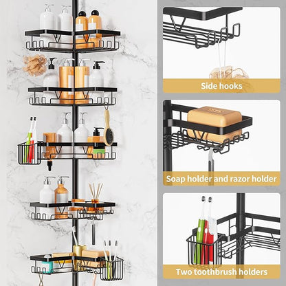 DAOYA Adjustable Tension Pole Shower Caddy, 5-Tier Stainless Steel Shower Shelf Organizer with 2 Movable Toothbrush Holders, 25-115 Inches Extendable Bath Tub Conner Storage Shelf for Family, Black