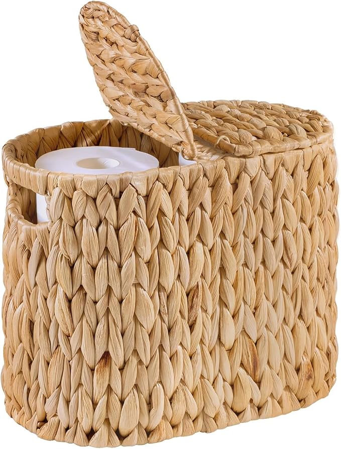 KOKODO Water Hyacinth Toilet Paper Storage Basket with Buit-in Handles, Free Standing with lid Storage Basket for Toilet Paper or Magazines, Toiletries, Cleaning Supplies Holder