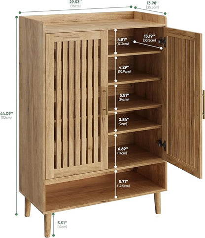 Shoe Cabinet, Large 6-Tier Shoe Storage Cabinet with Louvered 2 Doors, 44" Tall Freestanding Entryway Shoe Cabinet with Adjustable Shelves, Modern Shoe Organizer Cabinet, Shoe Rack Cabinet (Oak)