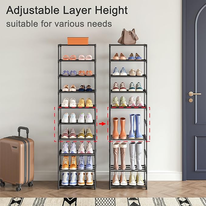 Autonomier 10 Tier Tall Shoe Rack, Narrow Lightweight Shoe Shelf, Compact Vertical Shoe Stand, Small Space Saving for Closet Floor, Dorm Storage Organizer, Front Door Entrance, Entryway