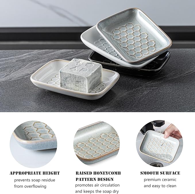 Gomakren Soap Dish for Shower, Ceramic Bar Soap Holder with Honeycomb Design, Soap Saver Tray for Bathroom Kitchen Sink, Sponge & Organizer Tray, Upscale Look, 5.5 Inch, Gray