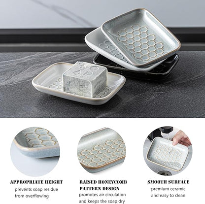 Gomakren Soap Dish for Shower, Ceramic Bar Soap Holder with Honeycomb Design, Soap Saver Tray for Bathroom Kitchen Sink, Sponge & Organizer Tray, Upscale Look, 5.5 Inch, Gray