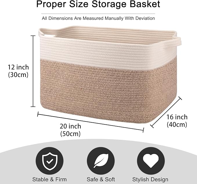 OIAHOMY Large Blanket Basket, 65L Cotton Rope Woven Laundry Basket, Toy Bin for Baby Room, Container for Blanket Storage in Living Room, 20''×16''×12'', Brown & White