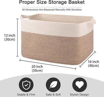 OIAHOMY Large Blanket Basket, 65L Cotton Rope Woven Laundry Basket, Toy Bin for Baby Room, Container for Blanket Storage in Living Room, 20''×16''×12'', Brown & White