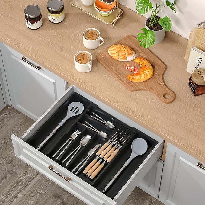 TIOPGHAD Bamboo-Silverware-Drawer-Organizer-Kitchen, Expandable Utensil Holder Cutlery Tray Flatware Organization Adjustable Wood Tableware Dividers Storage (with Removable Knife Block)(Black)