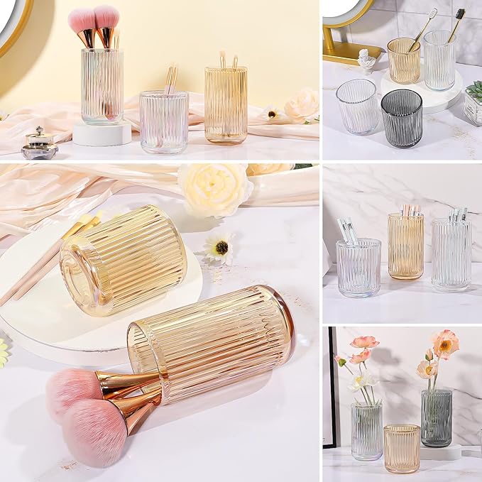 DASITON Makeup Brush Holder Organizer, Crystal Glass Makeup Brushes Storage Holder, Vintage Make Up Brush Cup for Vanity, Pen Pencil Holder for Desk, Toothbrush Holders for Bathroom (Coffee S)