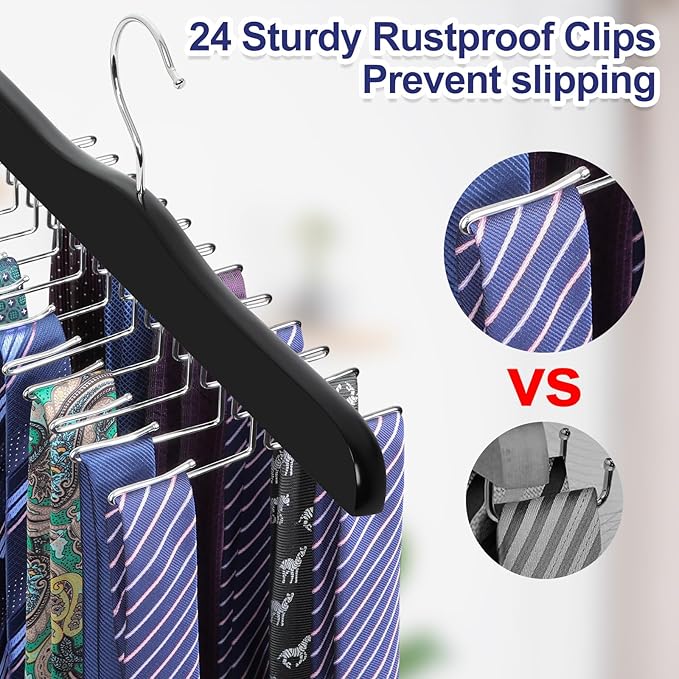 TOPIA HANGER Tie Rack Hanger for Closet 2 Packs, Wooden Tie Organizer for Men with 24 Folding Hooks, Space Saving Necktie Holder for Storage and Display Bra, Tank Top, Camisole (Black) - CT14B-2