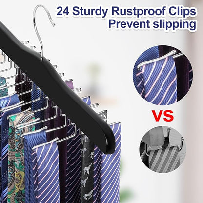 TOPIA HANGER Tie Rack Hanger for Closet 2 Packs, Wooden Tie Organizer for Men with 24 Folding Hooks, Space Saving Necktie Holder for Storage and Display Bra, Tank Top, Camisole (Black) - CT14B-2