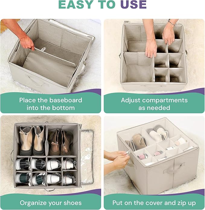 Under Bed Shoe Storage Organizer 16 Compartment, Foldable Shoe Organizer Under Bed with Clear PVC Lid, Shoe Storage Box with Zipper & Handle for Closet Bedroom, Off White, Pack of 2