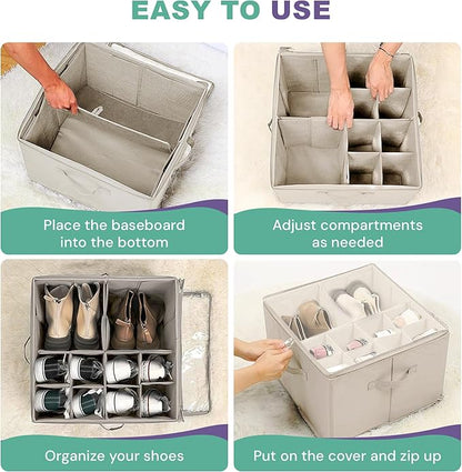 Under Bed Shoe Storage Organizer 16 Compartment, Foldable Shoe Organizer Under Bed with Clear PVC Lid, Shoe Storage Box with Zipper & Handle for Closet Bedroom, Off White, Pack of 2